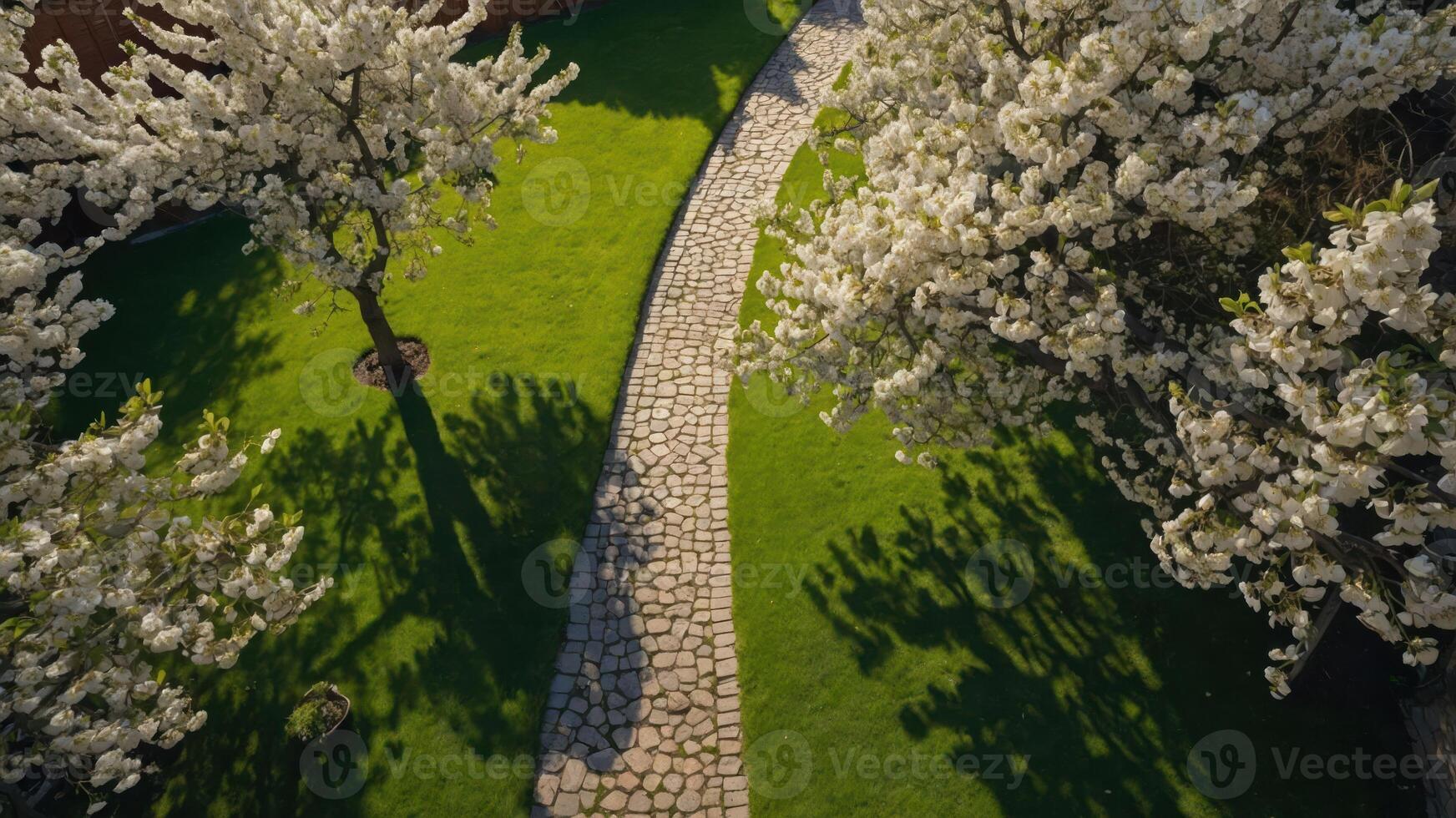 A serene garden path lined with blossoming trees and lush green grass. photo