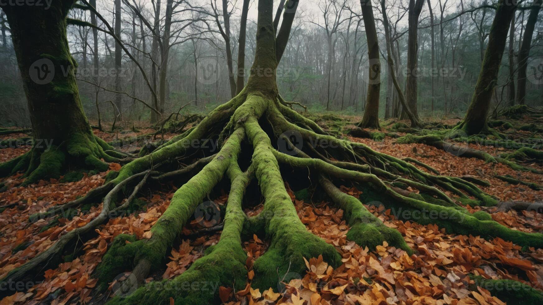 A close-up of moss-covered tree roots in a misty forest, surrounded by fallen leaves. photo