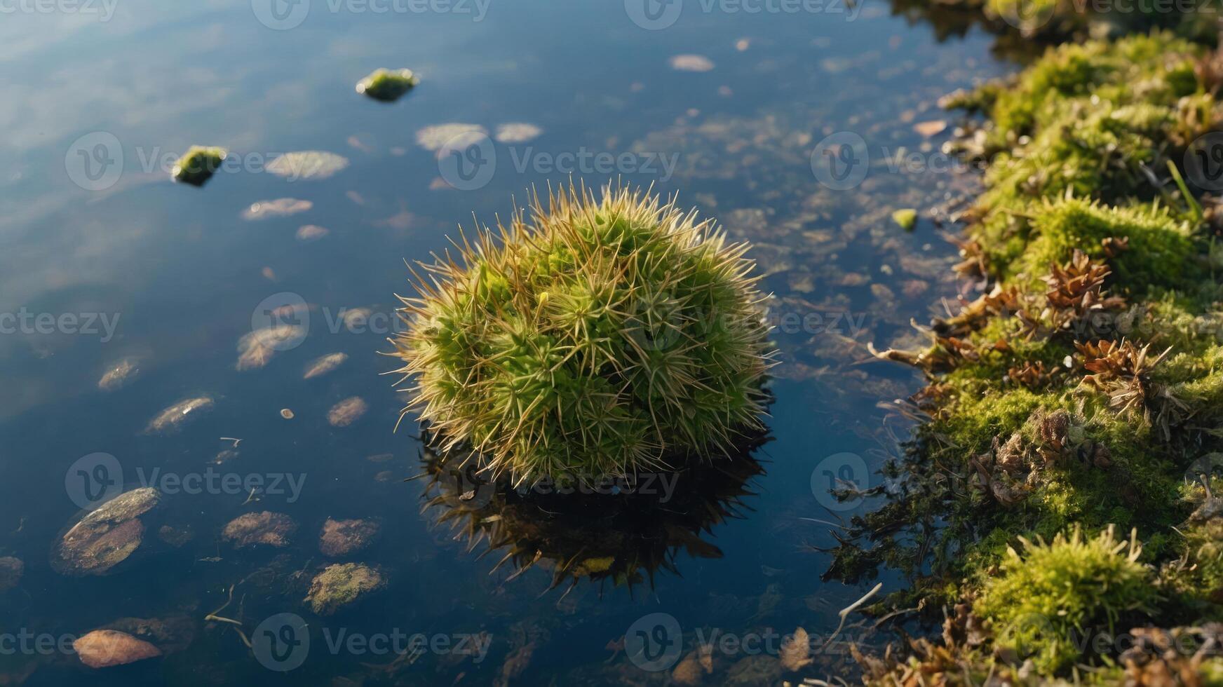 A close-up of a moss-covered sphere floating in calm water, surrounded by natural elements. photo