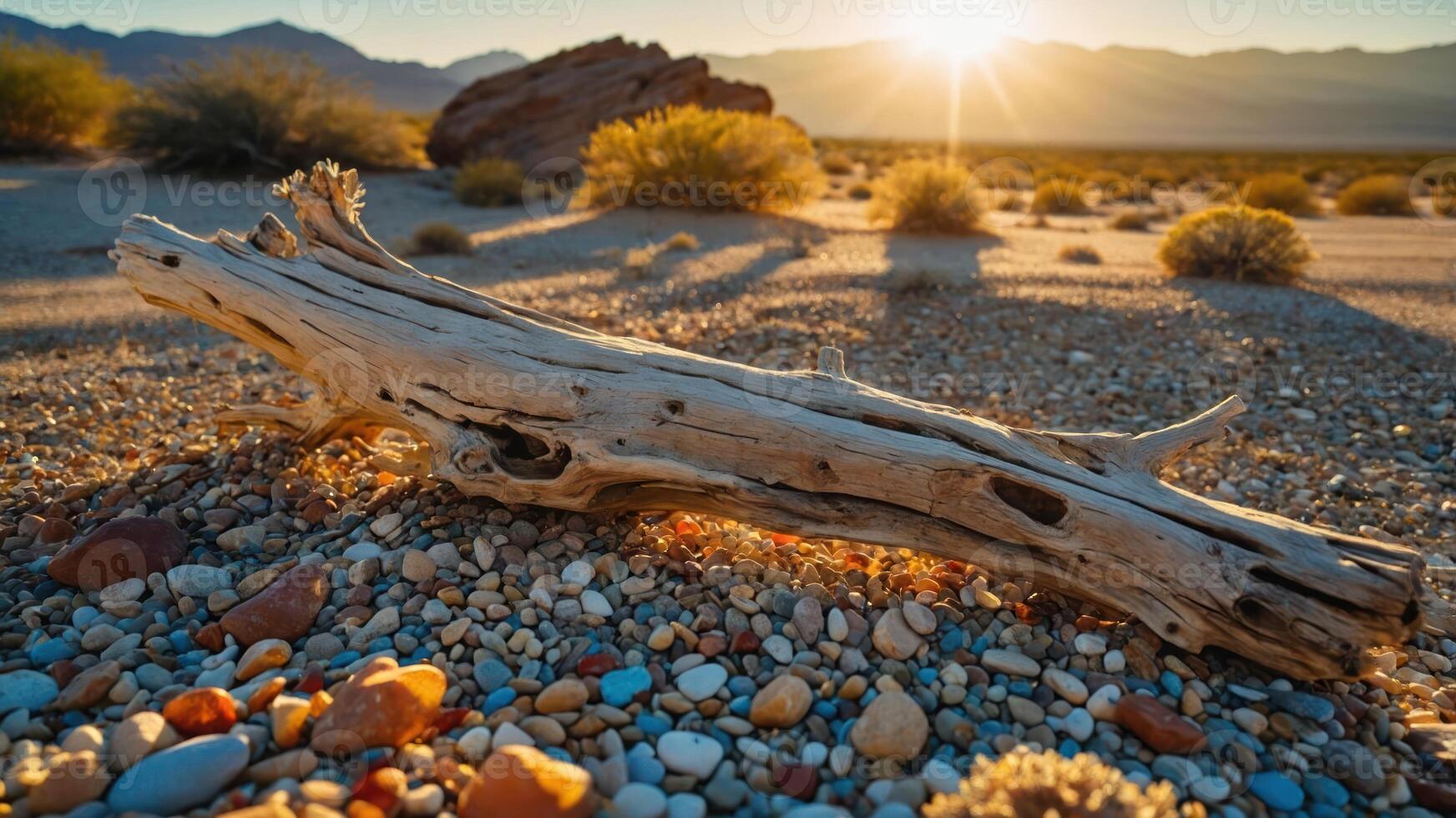 A serene desert landscape with a sun setting over a wooden log and pebbles. photo