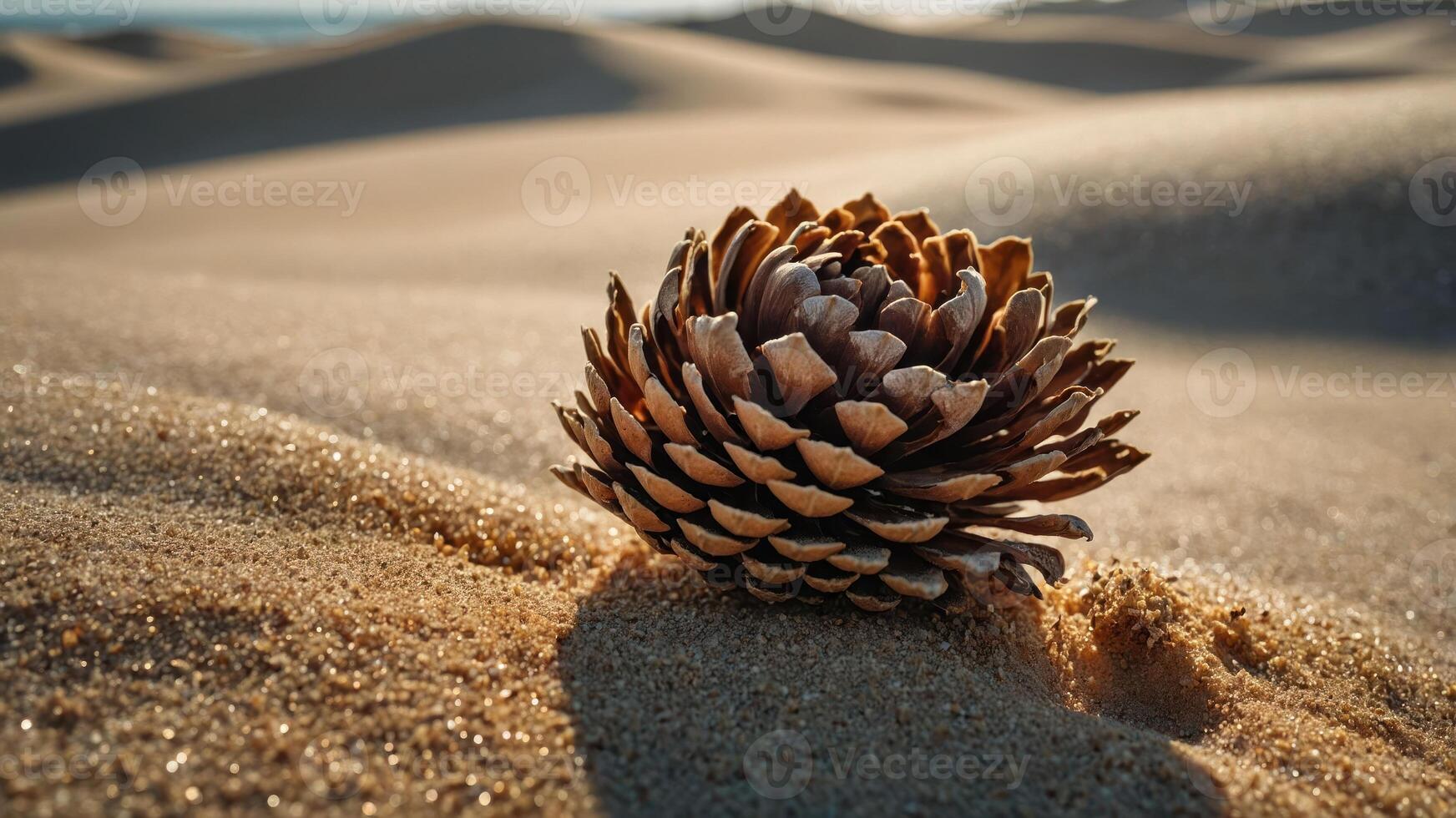 A pine cone resting on sand dunes under soft sunlight. photo