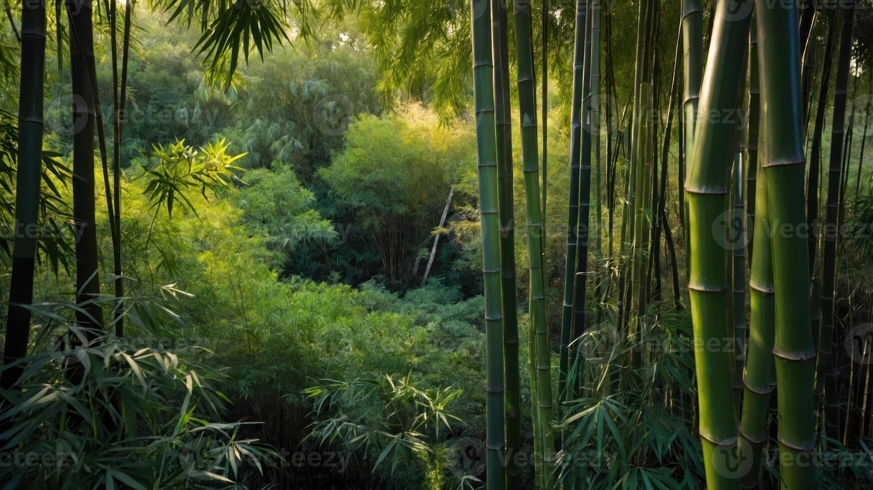 A serene bamboo forest with lush greenery and soft sunlight filtering through the leaves. photo