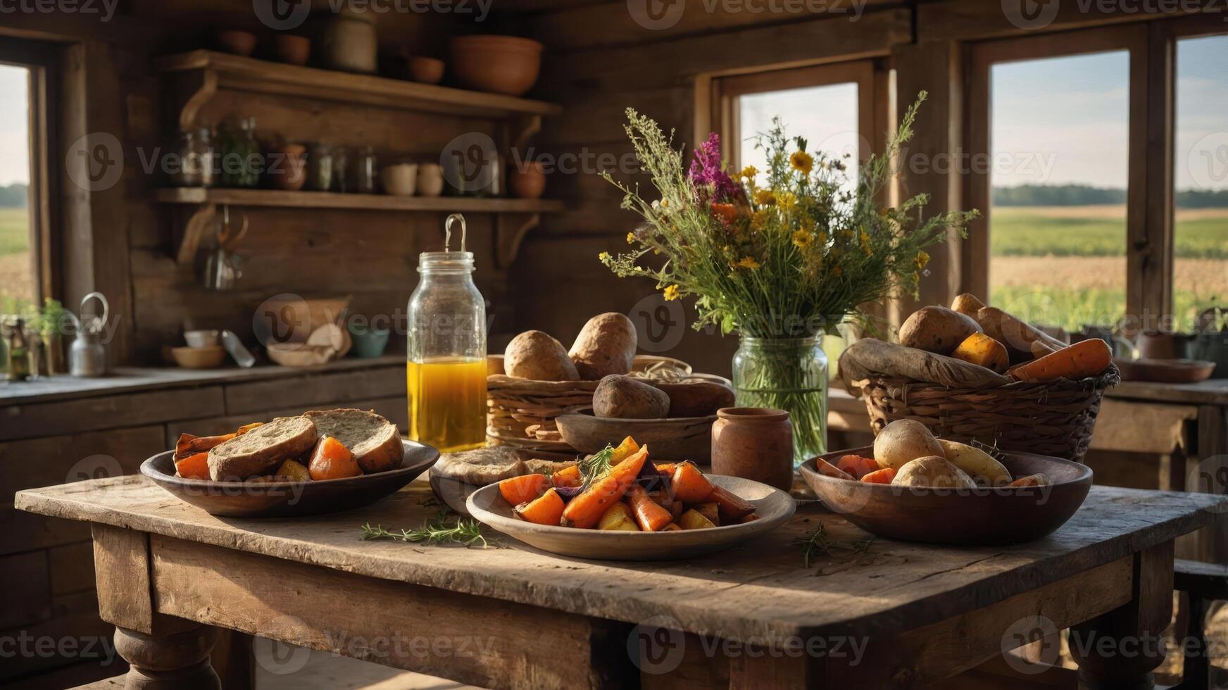 A rustic kitchen scene featuring plates of vegetables, bread, and flowers in a warm setting. photo