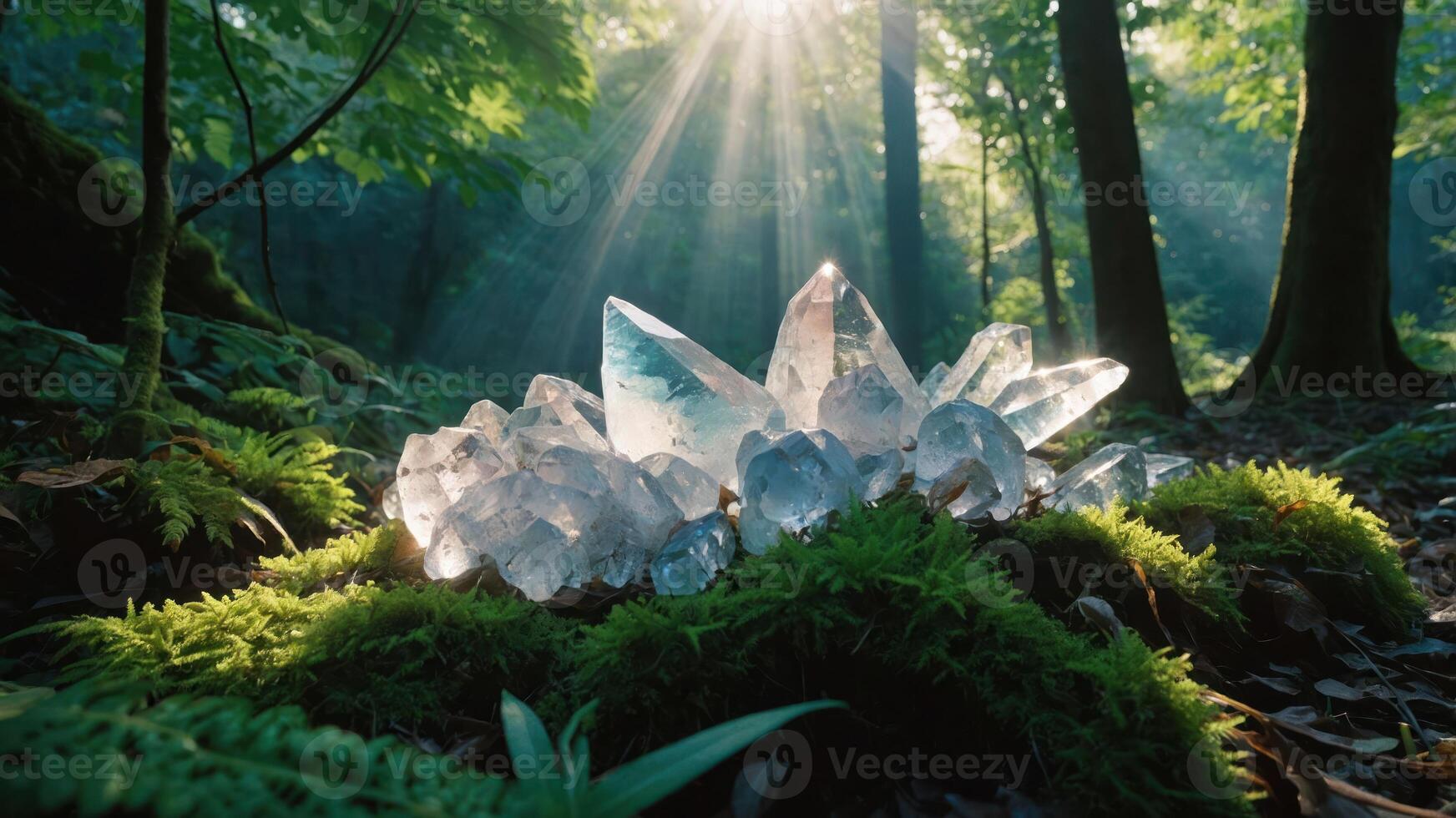 A cluster of clear crystals illuminated by sunlight in a lush forest setting. photo