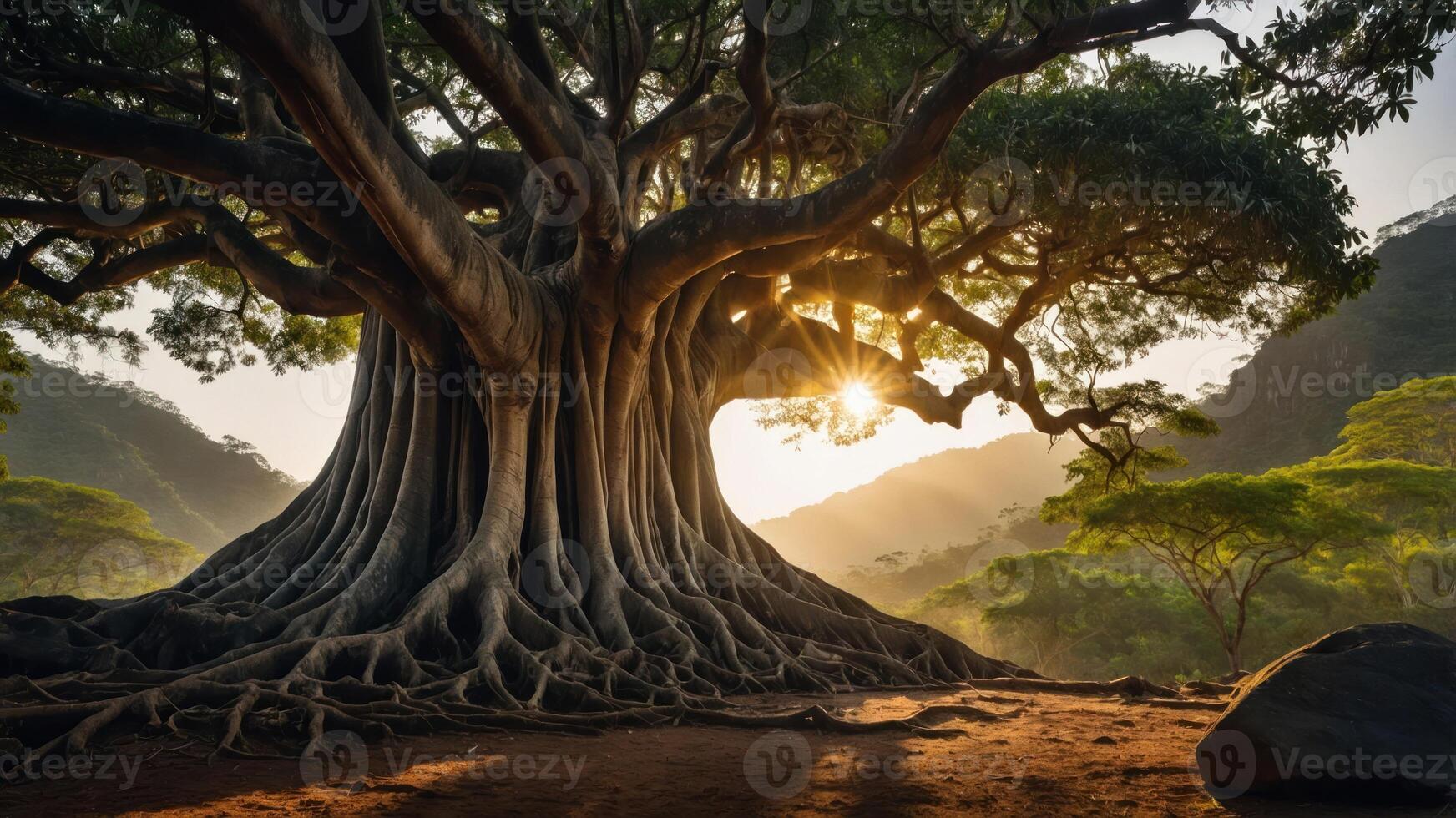 A majestic tree with sprawling roots and branches, illuminated by sunlight in a serene landscape. photo
