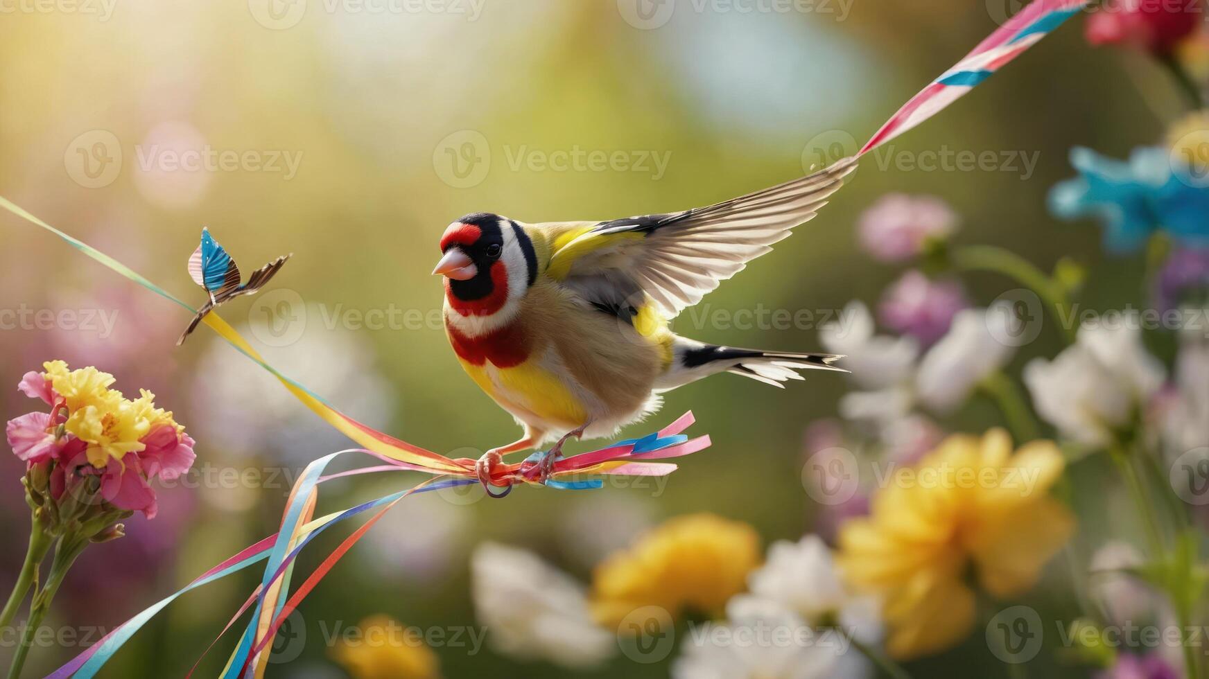 A vibrant goldfinch perched among colorful flowers and ribbons in a sunny garden. photo