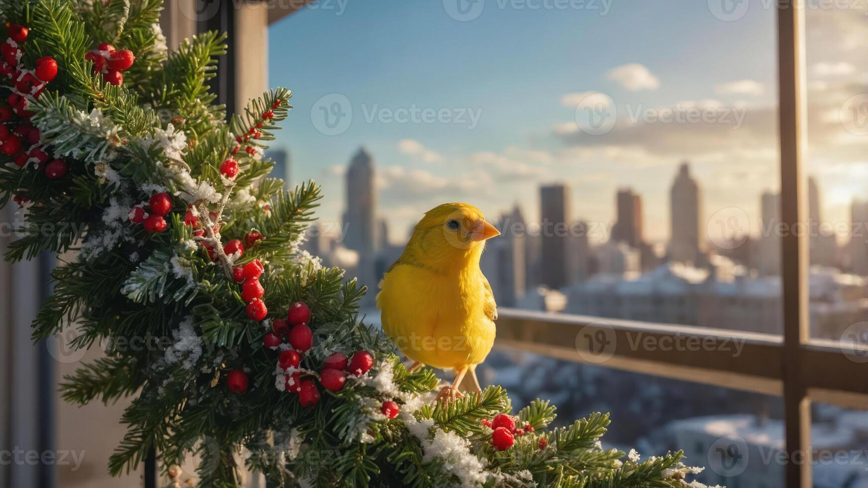 A vibrant yellow bird perched on a festive garland with a city skyline in the background. photo