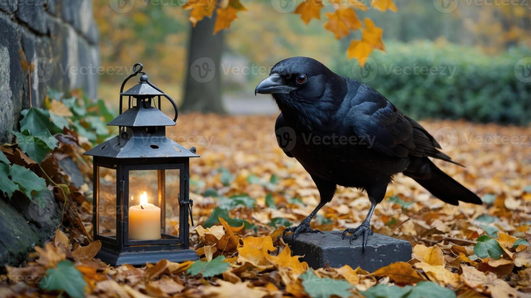 A crow stands beside a lantern on a bed of autumn leaves in a serene setting. photo