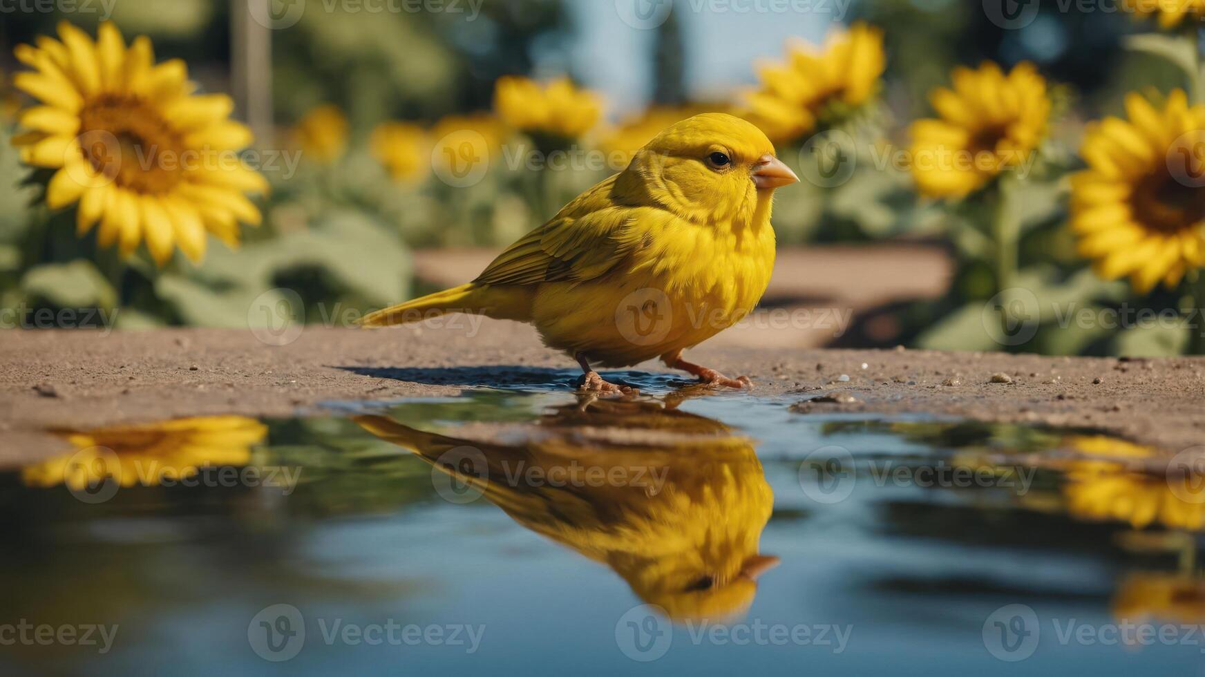 A vibrant yellow bird stands by a puddle, surrounded by blooming sunflowers. photo