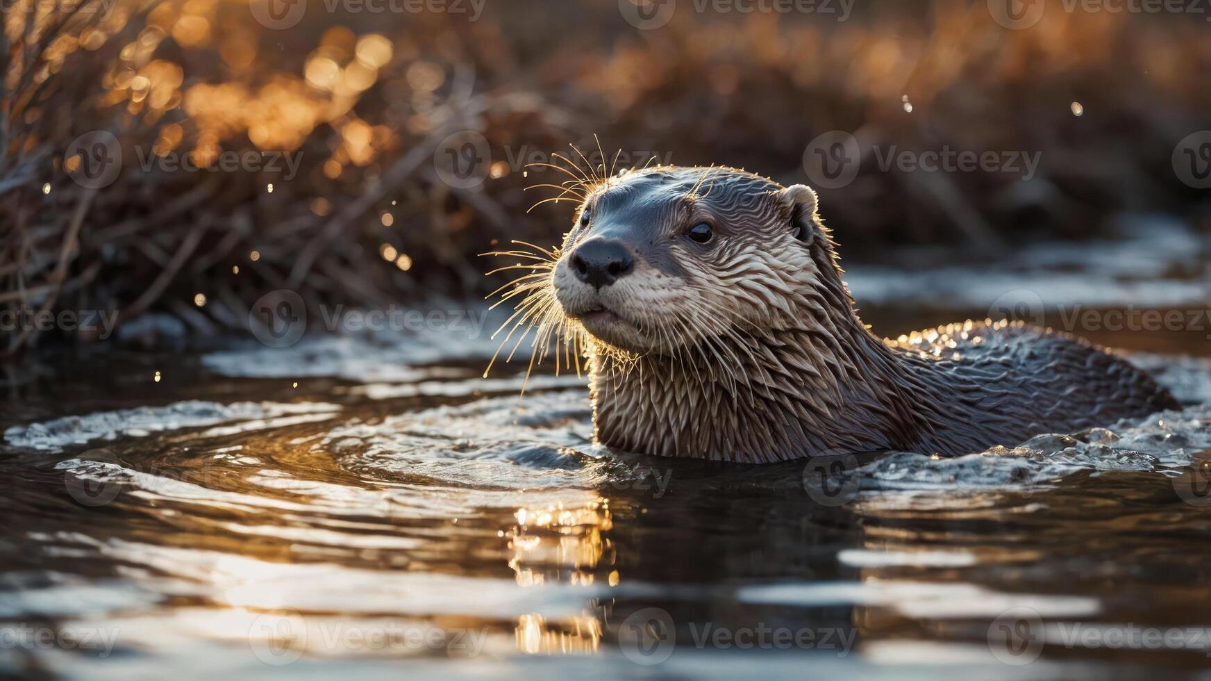 A playful otter swimming in a serene water setting during golden hour. photo