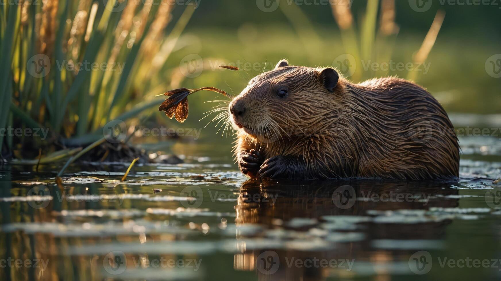 A beaver sits in a serene water setting, surrounded by reeds and reflecting sunlight. photo