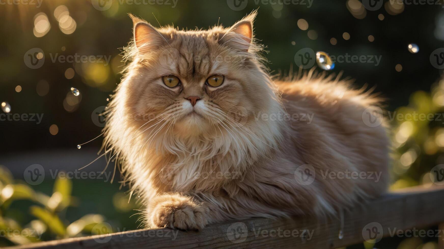 A fluffy cat rests on a fence, illuminated by soft sunlight, with droplets in the background. photo
