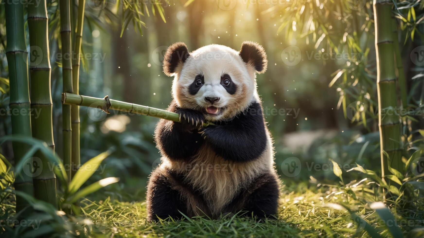 A playful panda sitting in a bamboo forest, enjoying a piece of bamboo. photo