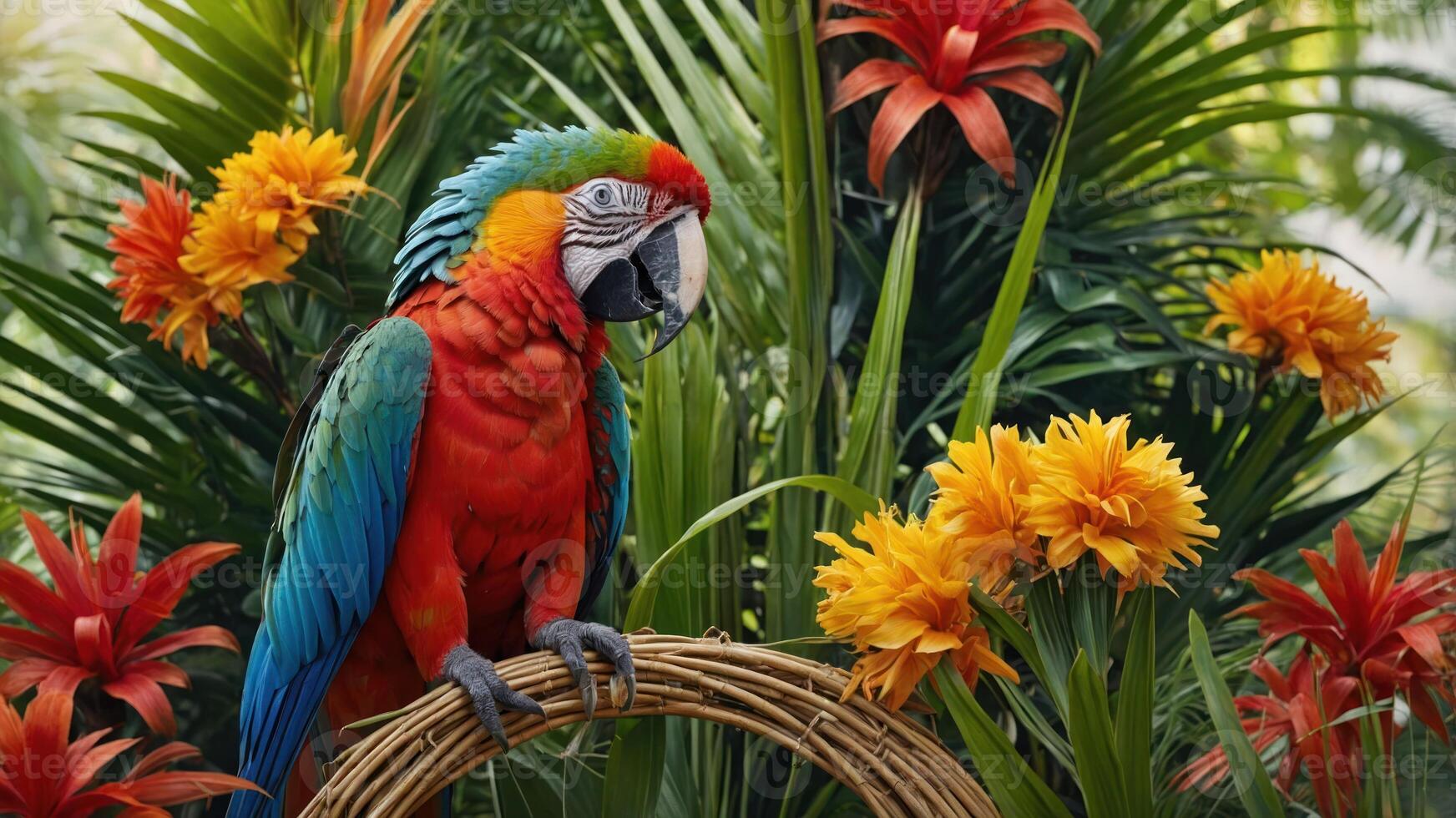 A vibrant parrot perched among colorful tropical flowers and lush greenery. photo
