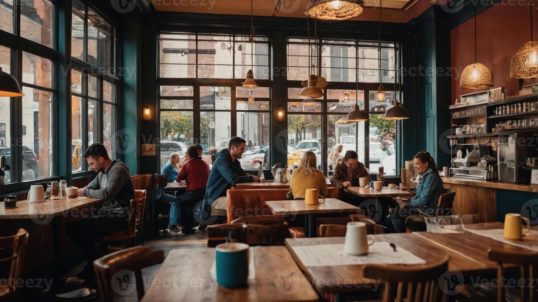 A cozy caf interior with patrons enjoying their time, working, and socializing. photo