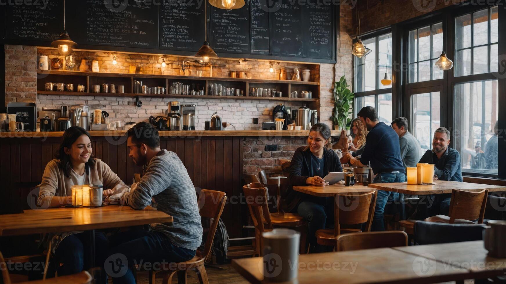 A cozy caf scene with people enjoying conversations and drinks. photo