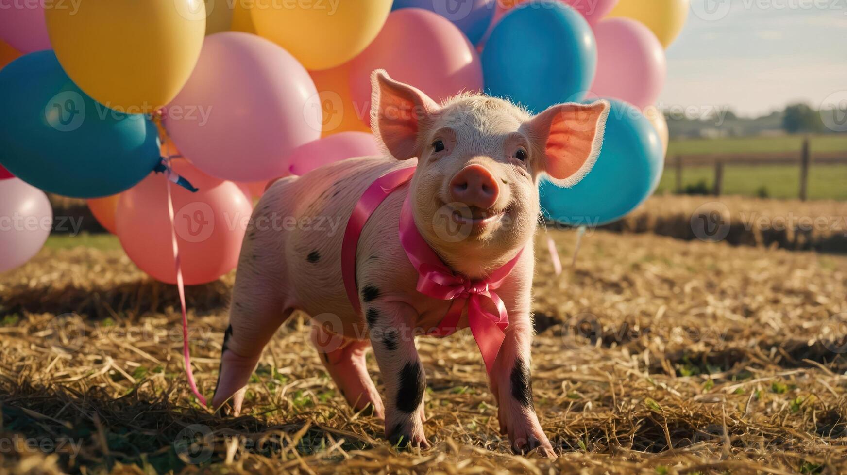 A cheerful pig wearing a pink ribbon stands among colorful balloons in a sunny setting. photo