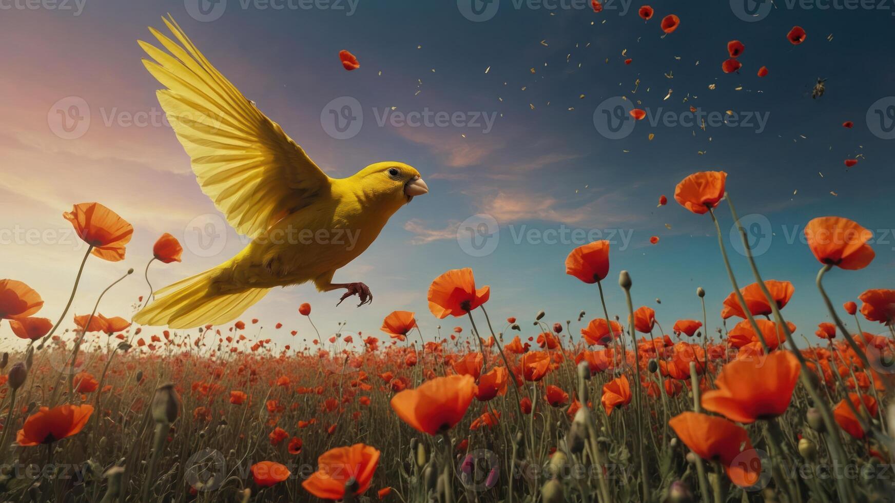 A vibrant yellow bird flies over a field of orange poppies under a colorful sky. photo