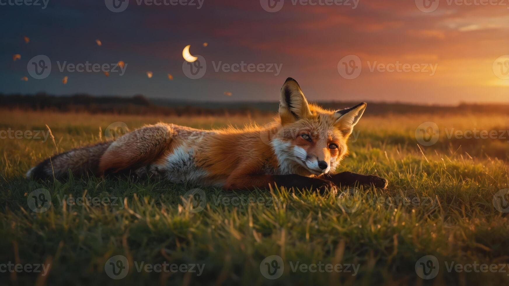 A serene fox rests on a grassy field at sunset, surrounded by a tranquil landscape. photo