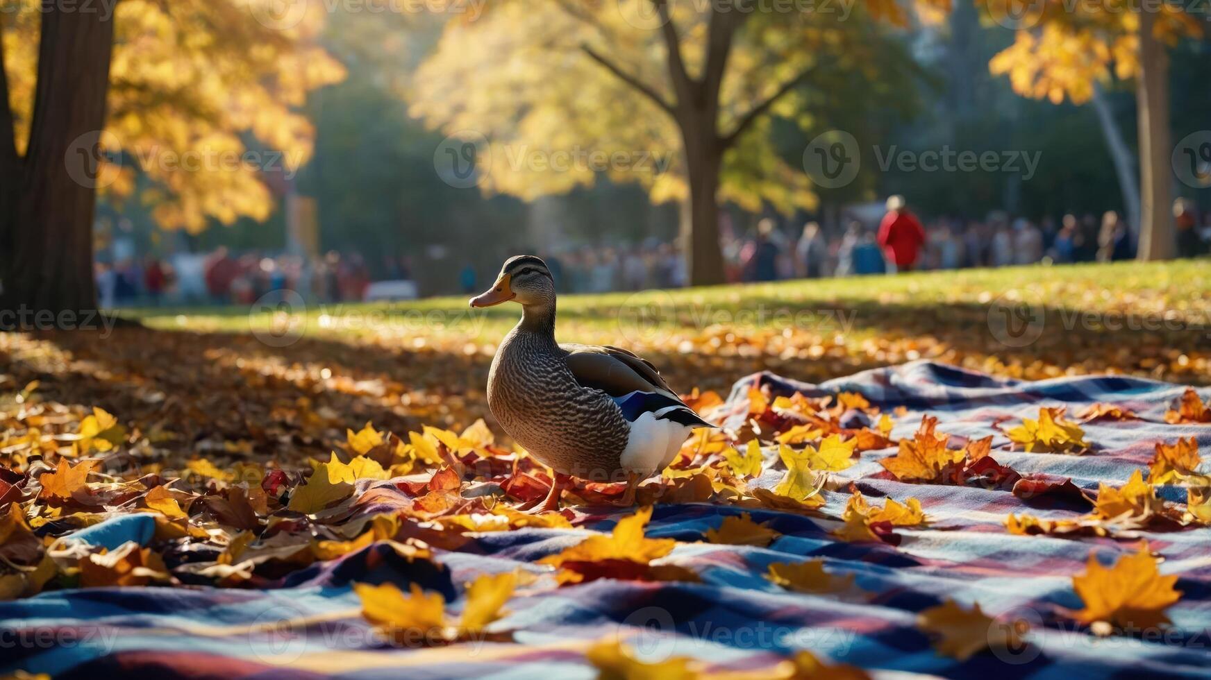 A duck resting on a picnic blanket surrounded by colorful autumn leaves in a park. photo