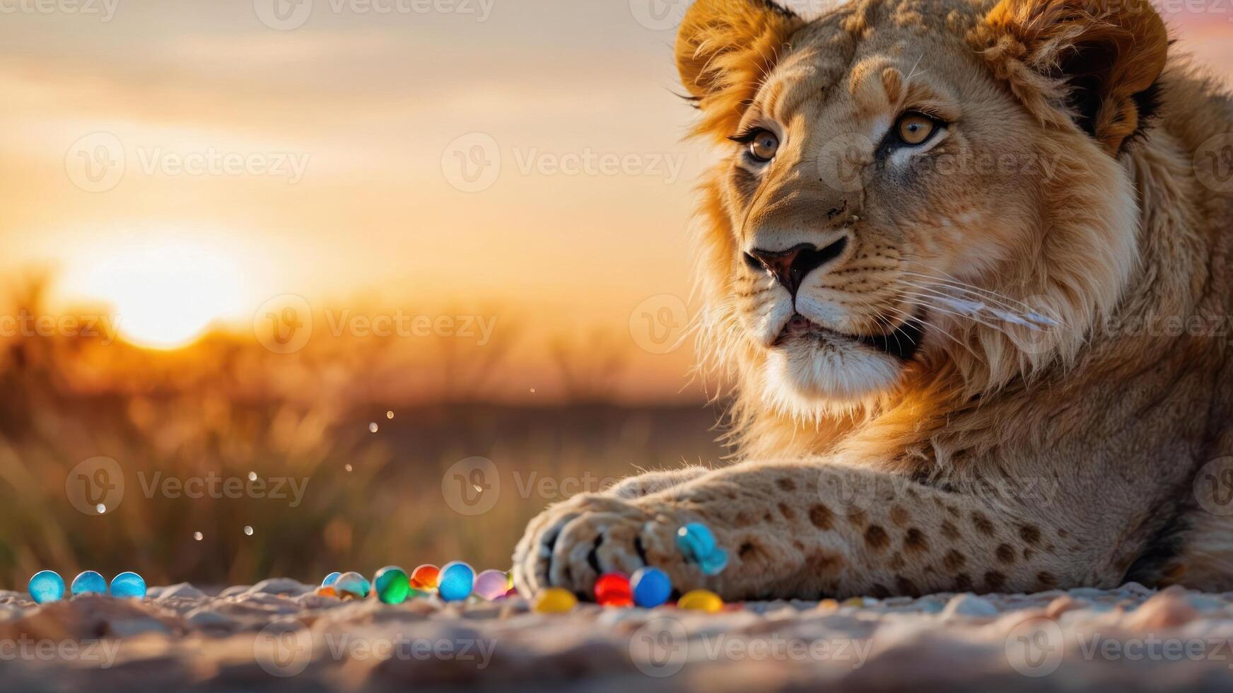A lion rests on a sandy surface with colorful marbles scattered nearby, set against a sunset. photo