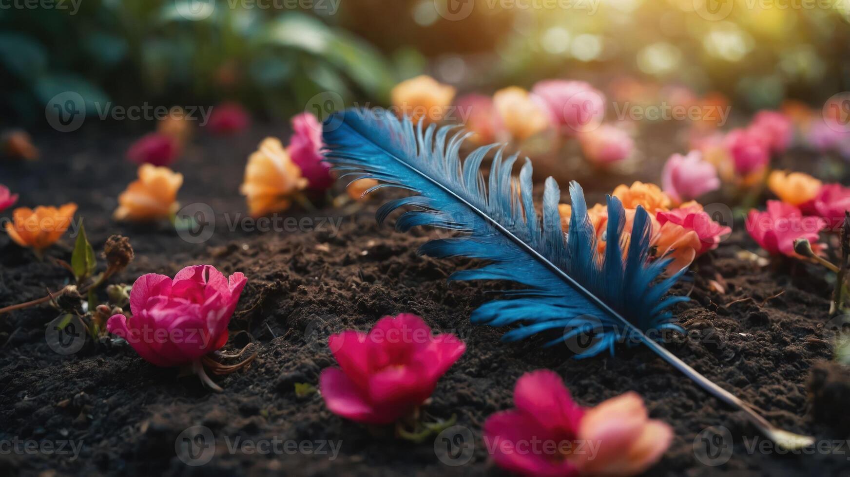 A vibrant blue feather rests among colorful flowers on rich soil, capturing nature's beauty. photo