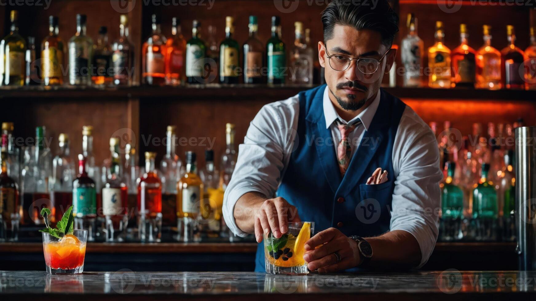 A bartender prepares a colorful cocktail at a bar with various spirits in the background. photo