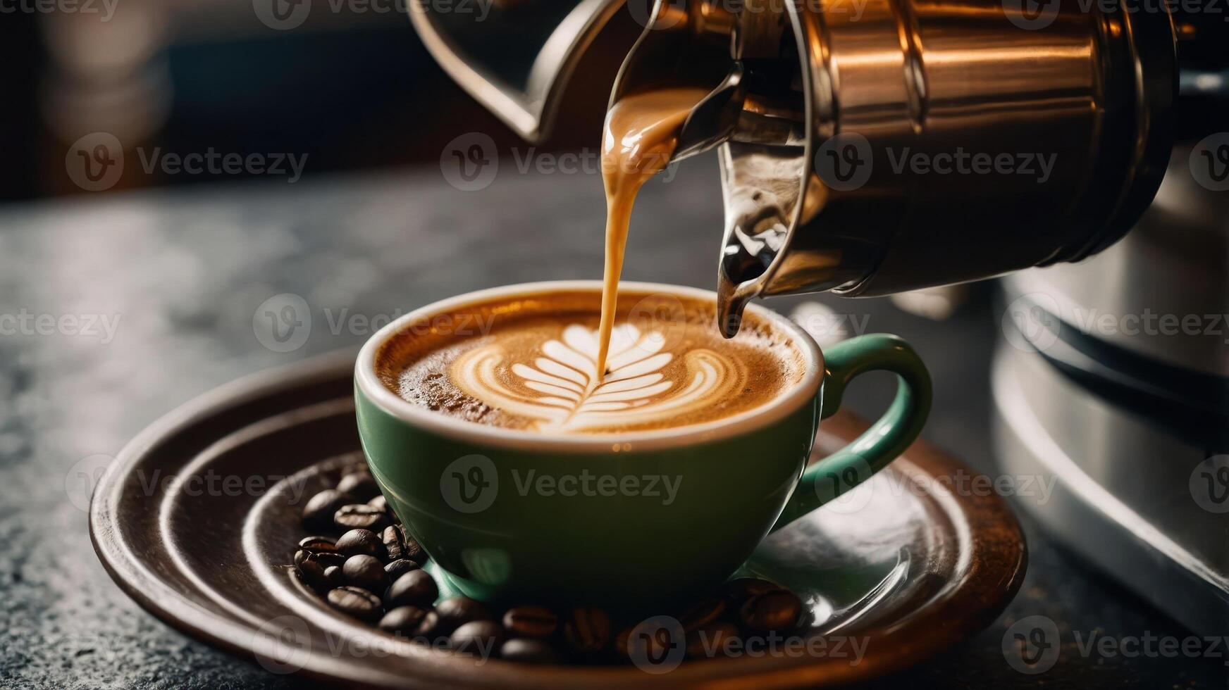 A close-up of a latte art being poured into a green cup on a wooden table with coffee beans. photo