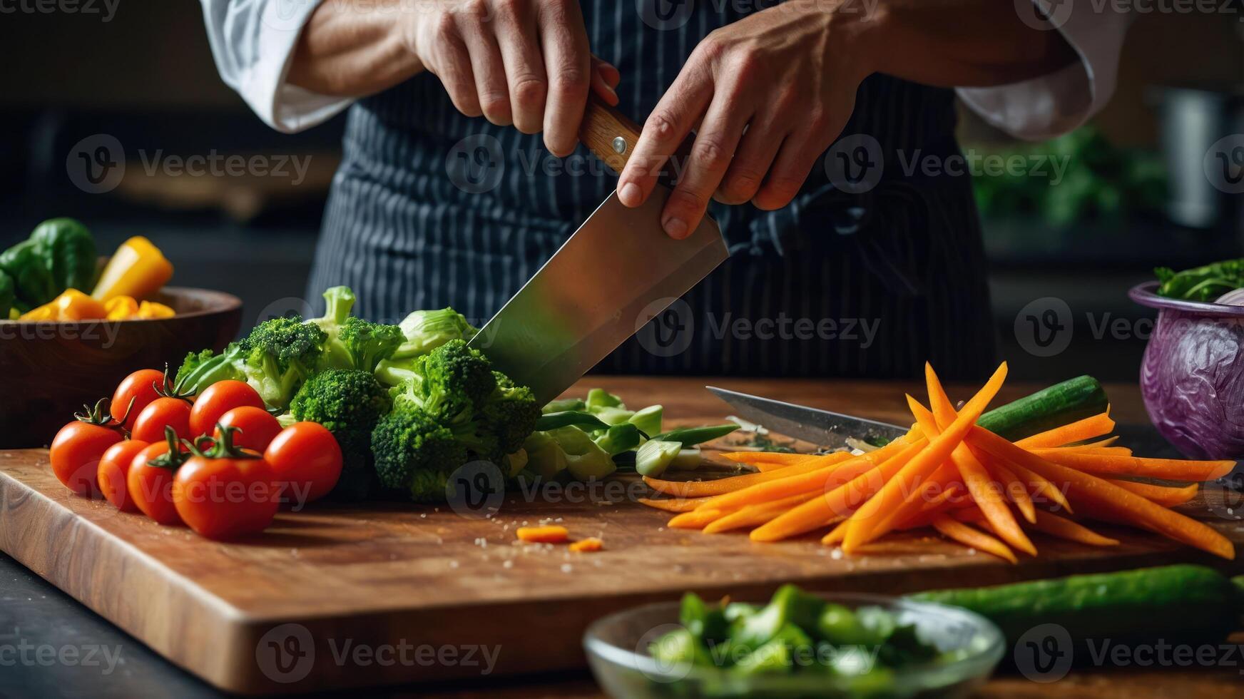 A chef chopping fresh vegetables on a wooden cutting board in a kitchen setting. photo