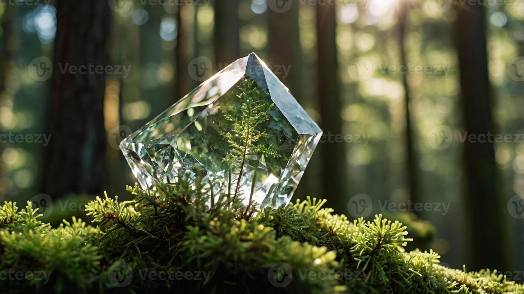 A crystal prism resting on moss in a serene forest setting, reflecting light. photo