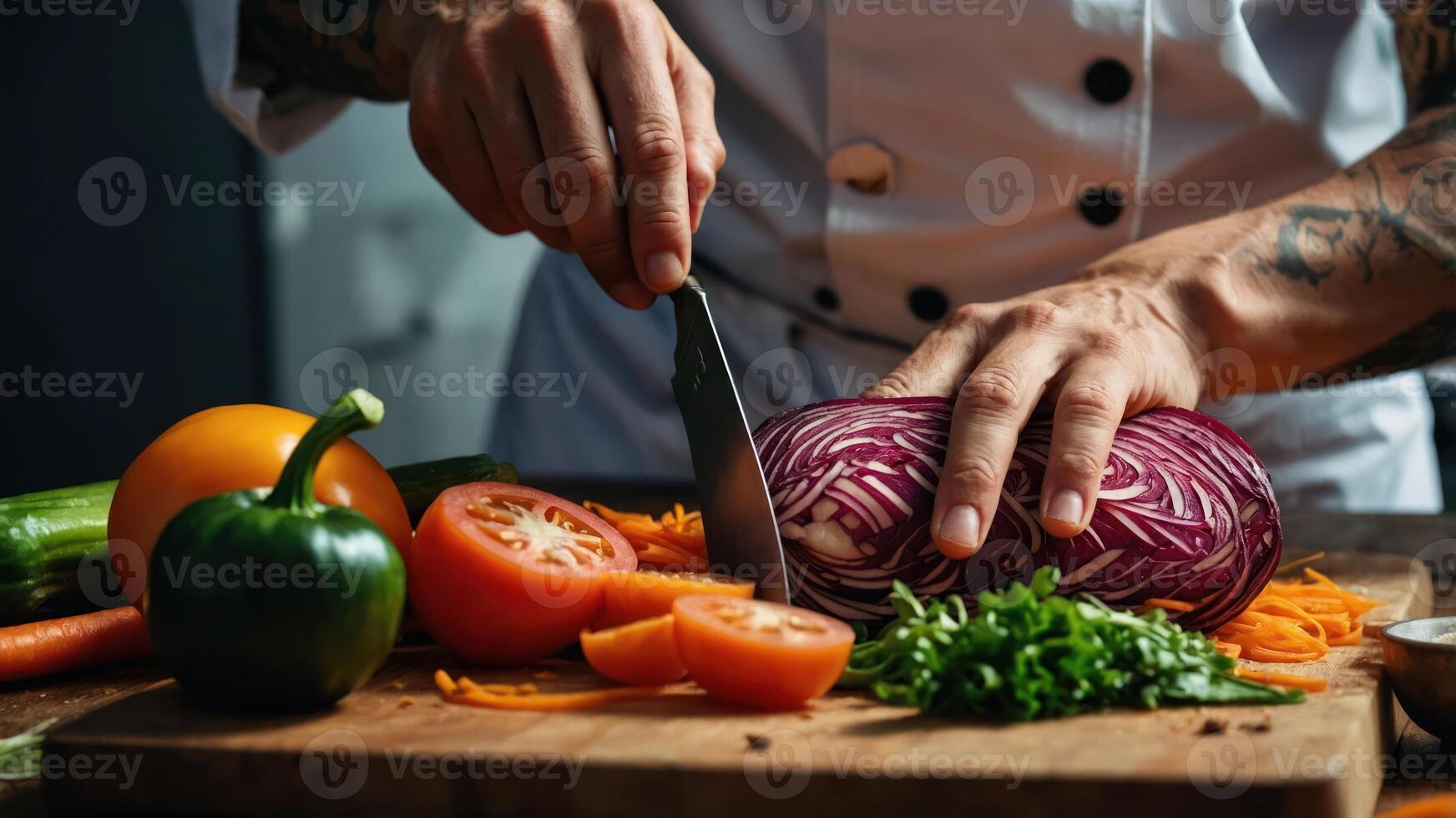 A chef skillfully chops vegetables on a wooden cutting board. photo