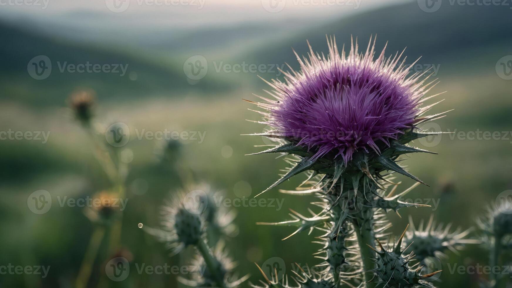 A close-up of a thistle flower with a blurred green landscape in the background. photo