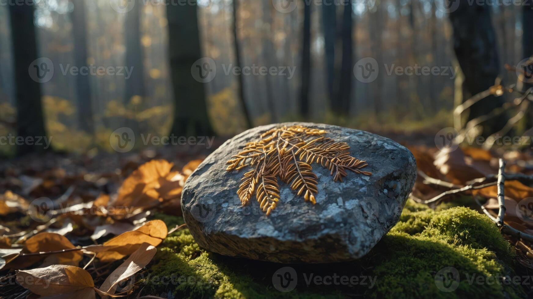 A stone with a leaf pattern rests on moss in a serene forest setting. photo