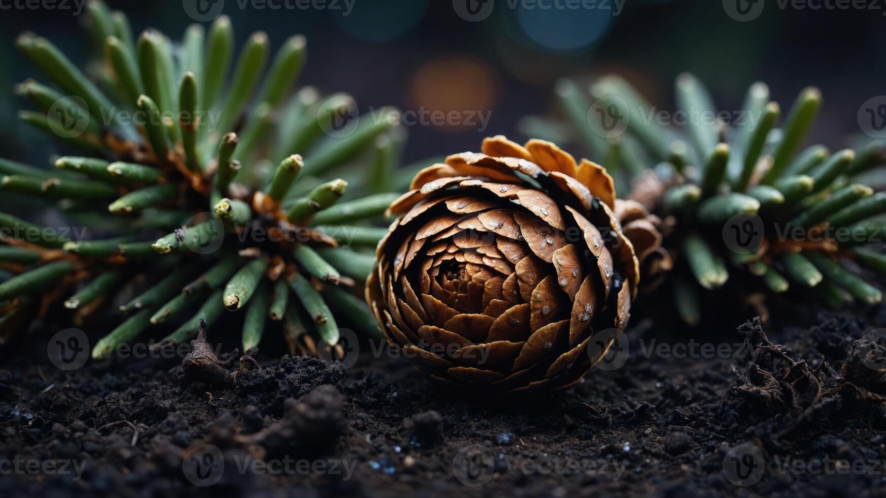 A close-up of a pine cone surrounded by pine needles on the ground. photo