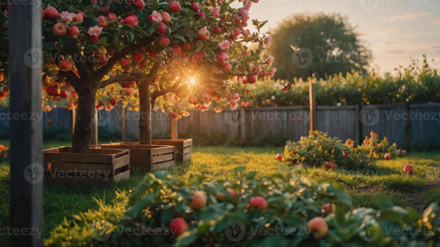 A serene apple orchard at sunset, showcasing lush trees and vibrant fruits. photo