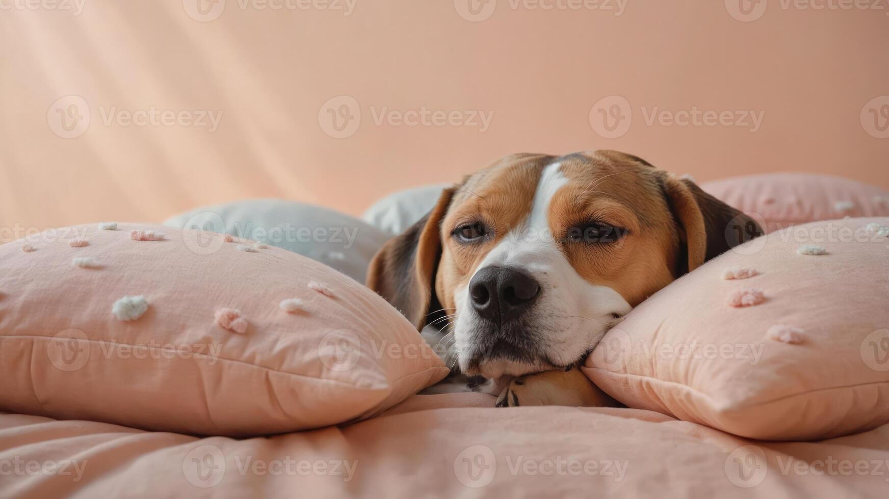 A relaxed dog resting on soft pillows in a cozy setting. photo