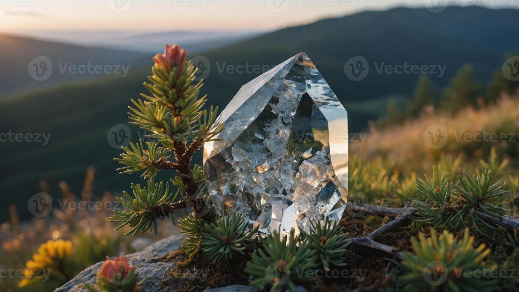 A clear crystal resting on a rocky surface surrounded by greenery at sunset. photo