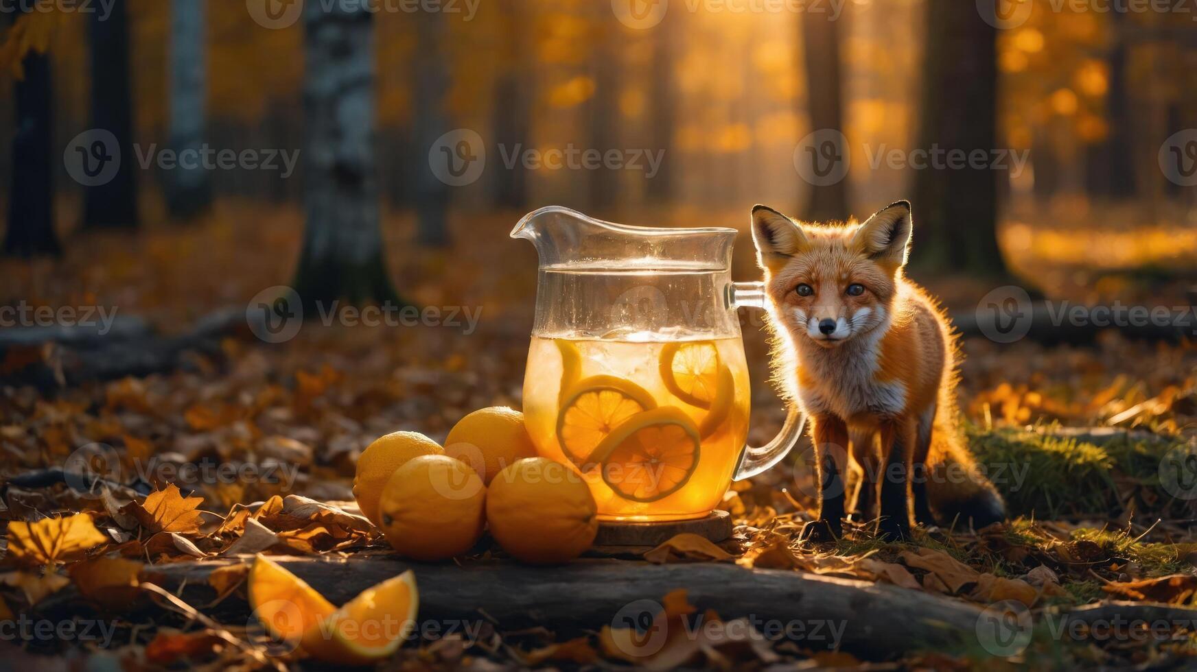 A fox beside a pitcher of lemonade and oranges in a serene autumn forest setting. photo