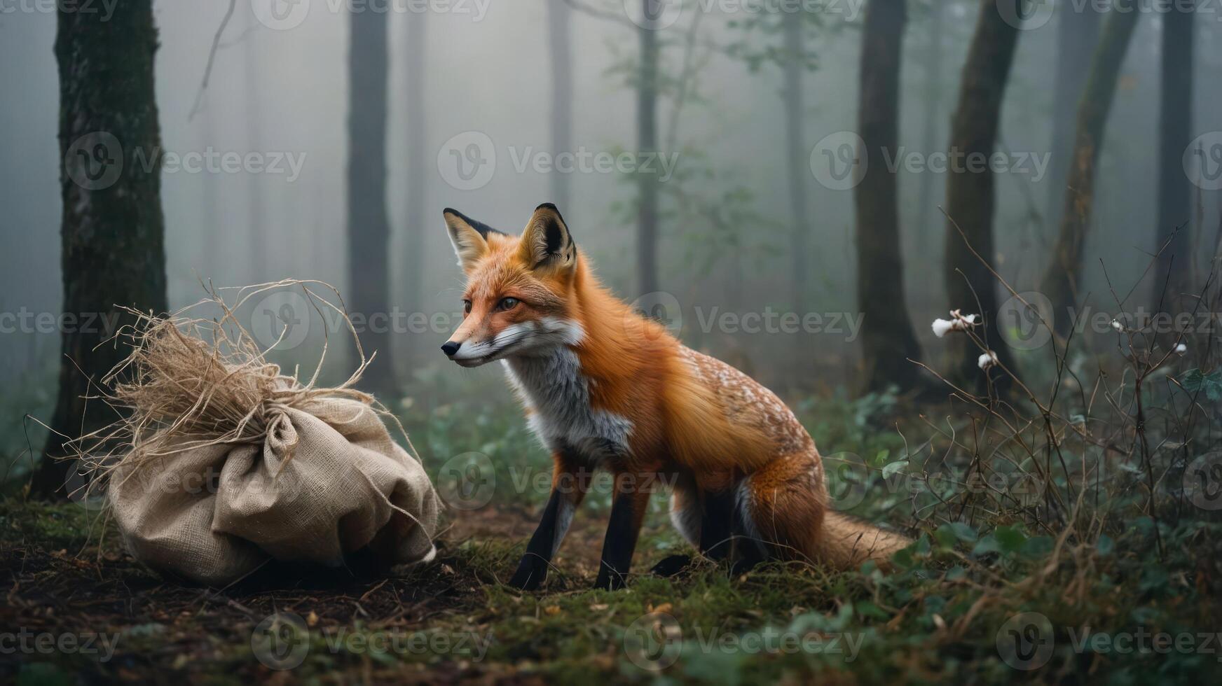 A fox sits in a misty forest beside a burlap sack, evoking a sense of mystery. photo