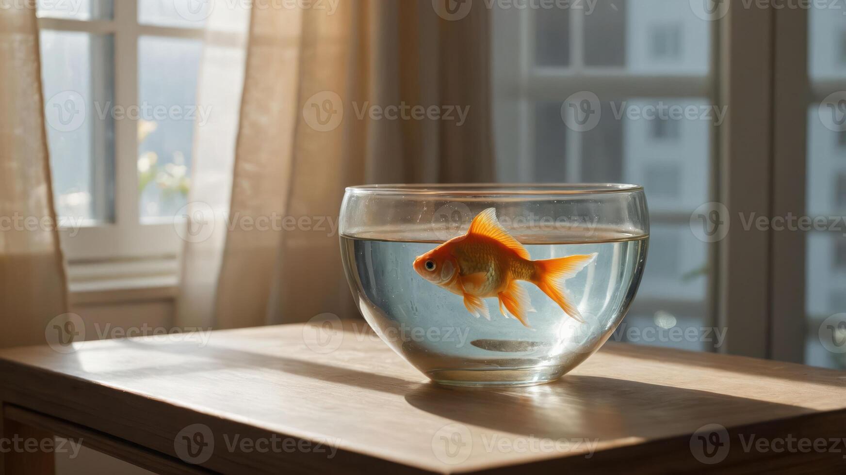 A goldfish swims in a clear bowl on a wooden table, illuminated by soft sunlight. photo