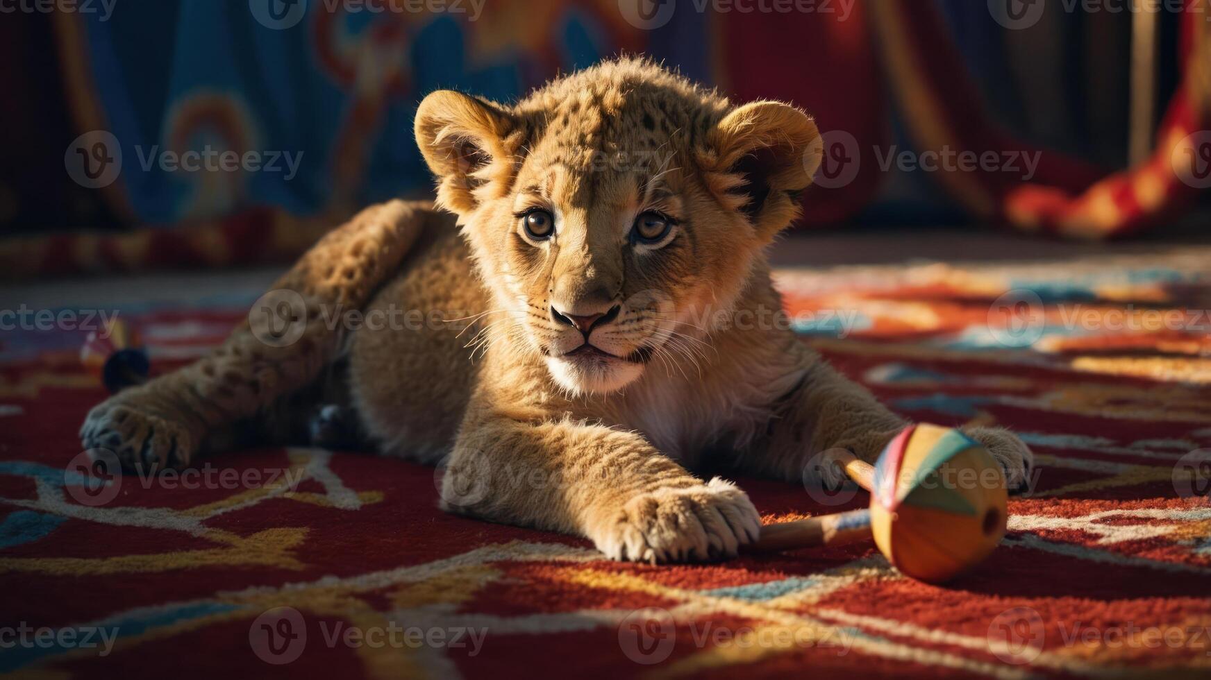 A playful lion cub rests on a colorful rug with a toy, capturing a moment of innocence. photo