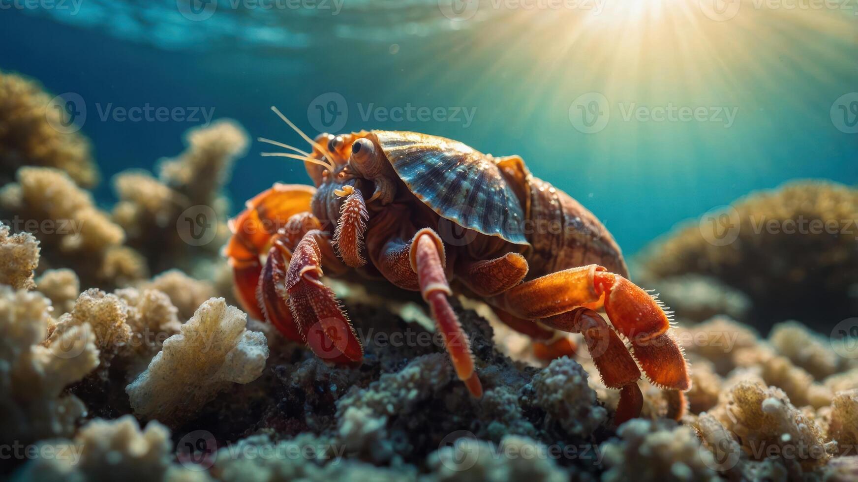 A hermit crab on a coral reef, illuminated by sunlight filtering through the water. photo