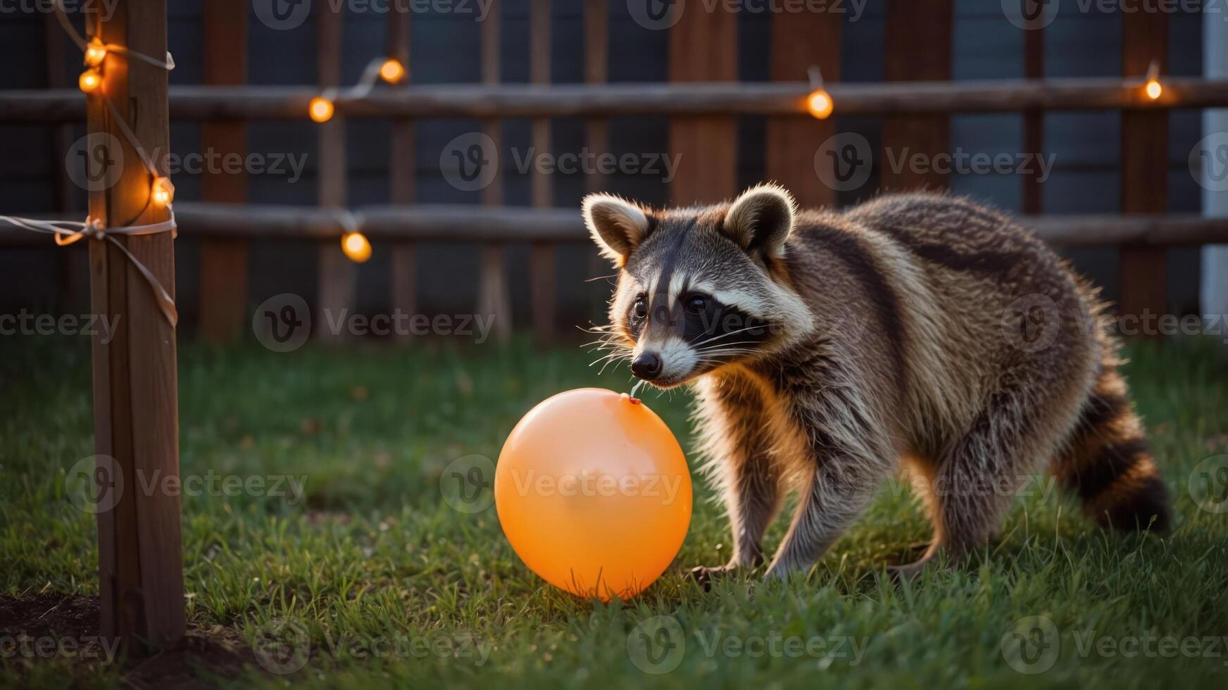 A raccoon interacts with an orange balloon in a softly lit outdoor setting. photo
