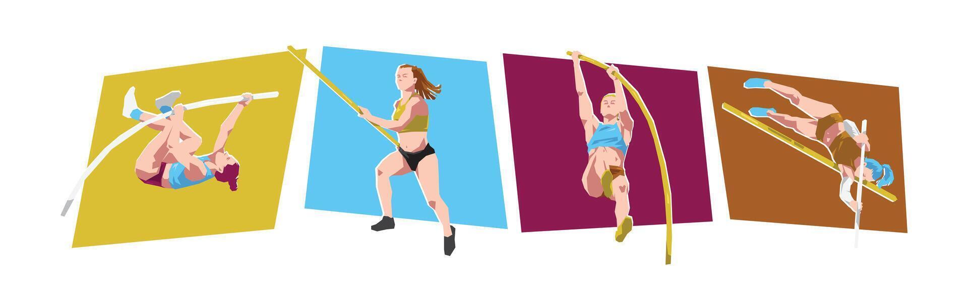 Pole vault female athlete characters. Sports, athletics, activity themes. Cartoon flat illustration. vector