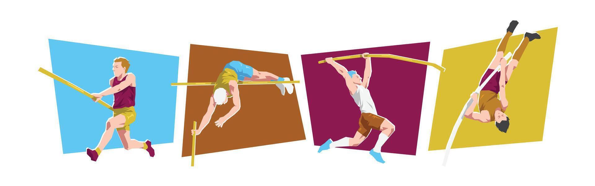 Pole vault male athlete characters. Sports, athletics, activity themes. Cartoon flat illustration. vector