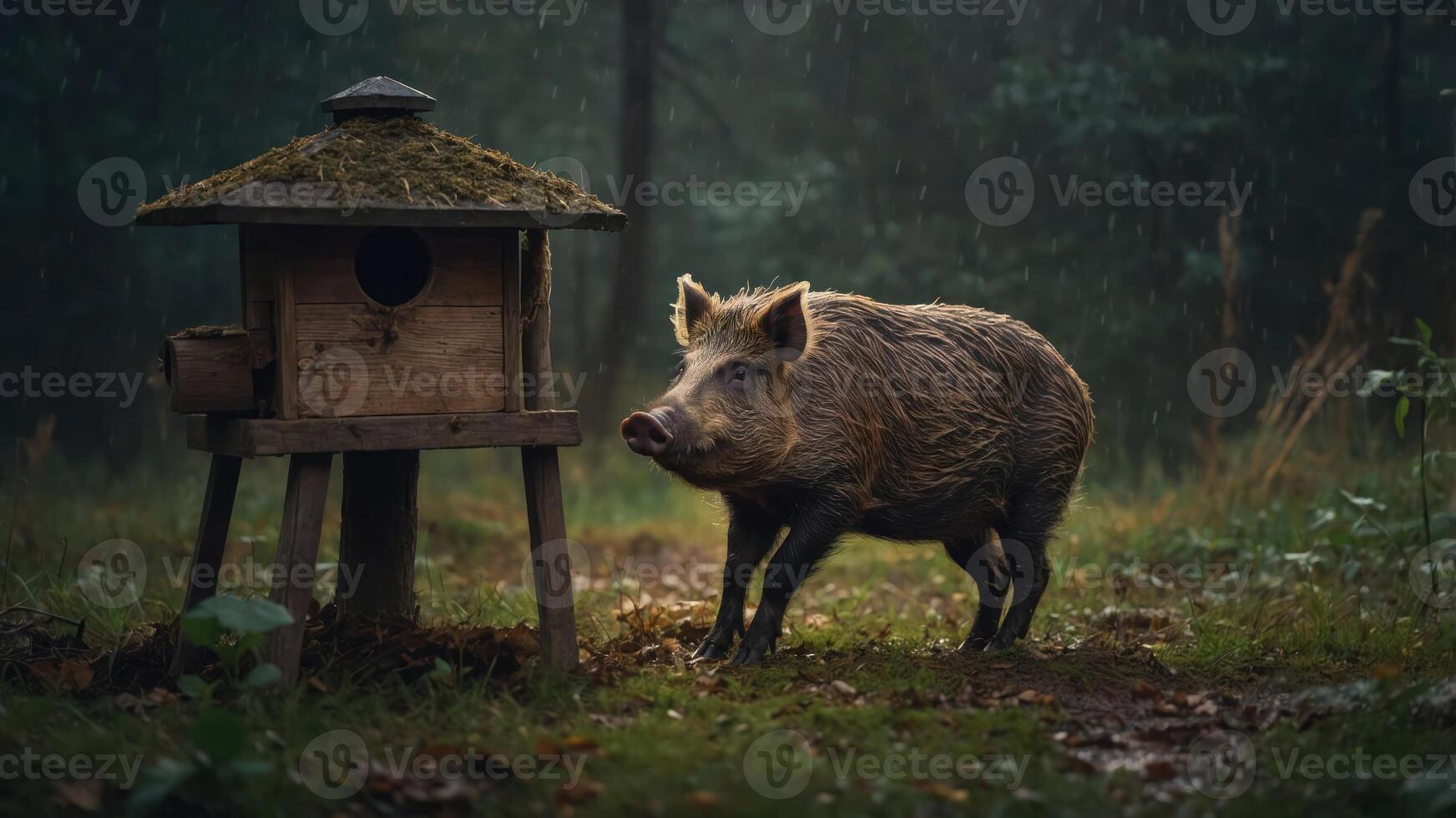 A wild boar stands near a rustic feeding station in a forest during rain. photo