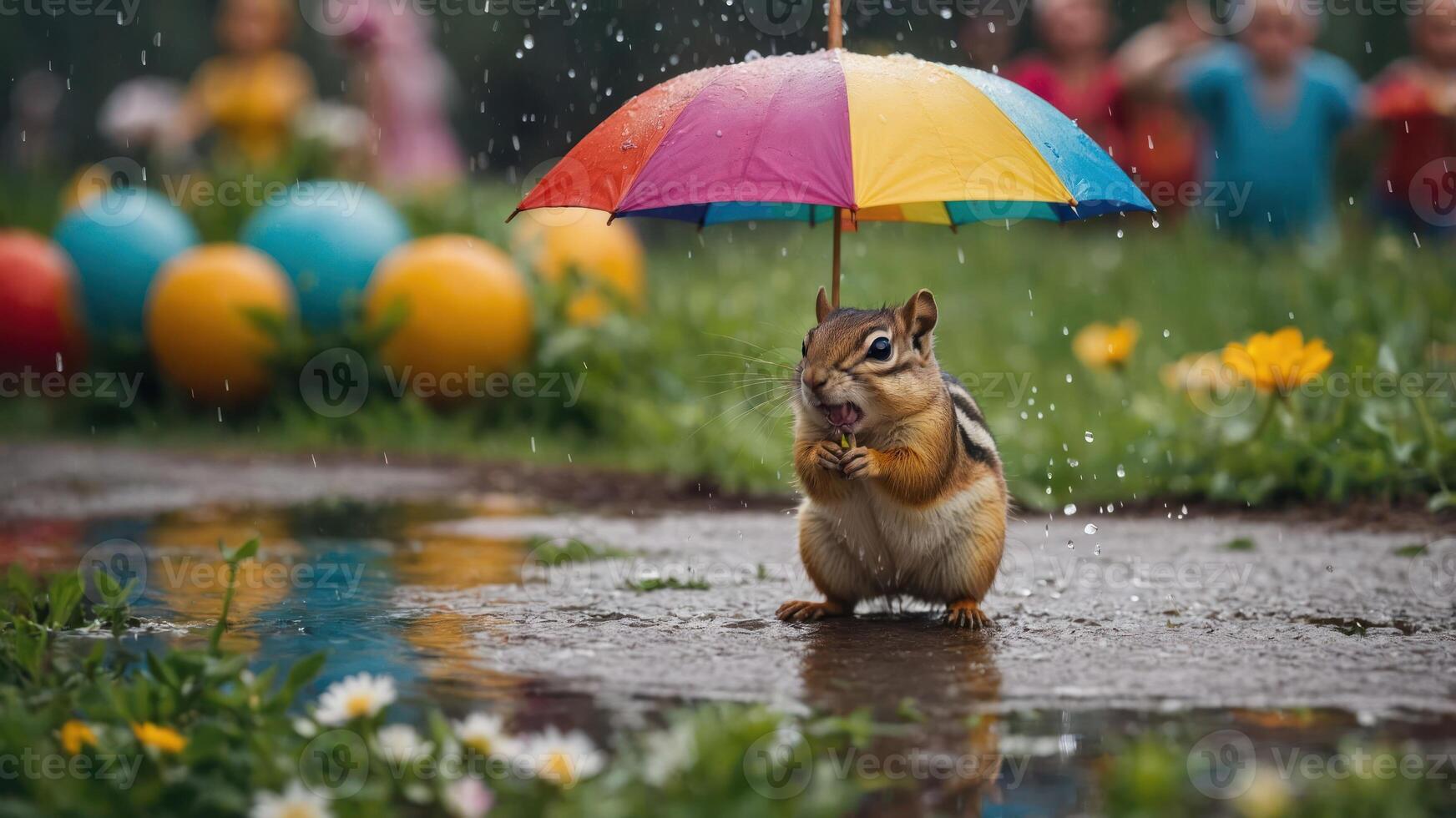 A chipmunk sheltered under a colorful umbrella in a rainy garden setting. photo
