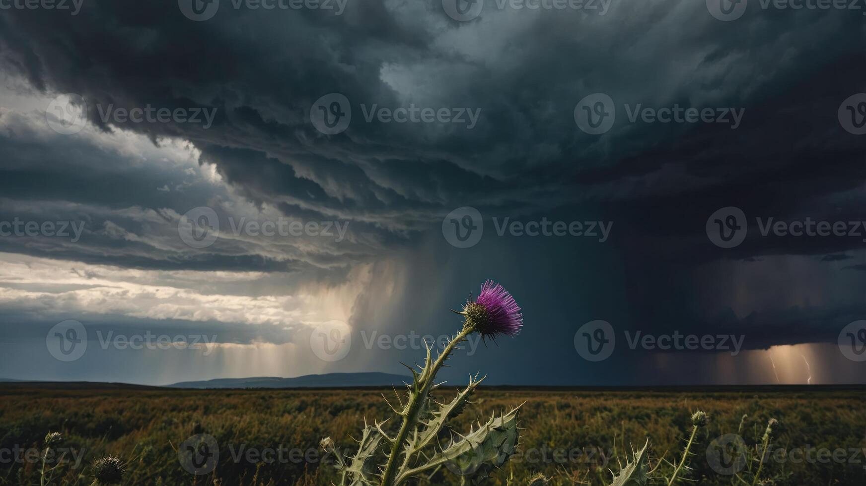 A dramatic stormy sky looms over a field with a single thistle flower in the foreground. photo
