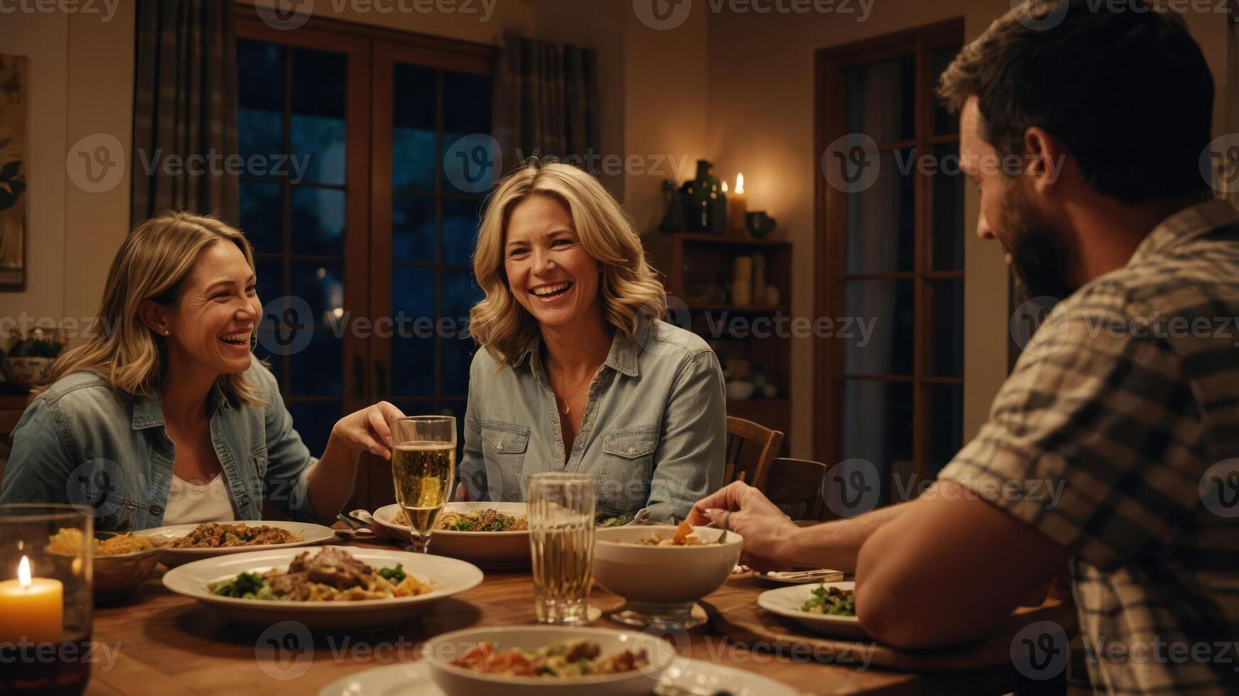 A joyful dinner gathering with friends, sharing laughter and food at a cozy table. photo