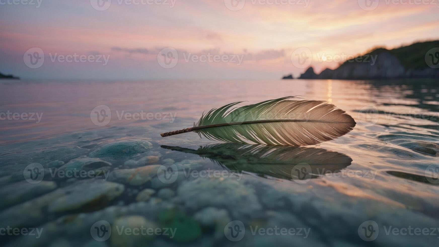 A feather floats on calm water, reflecting a serene sunset and surrounding nature. photo